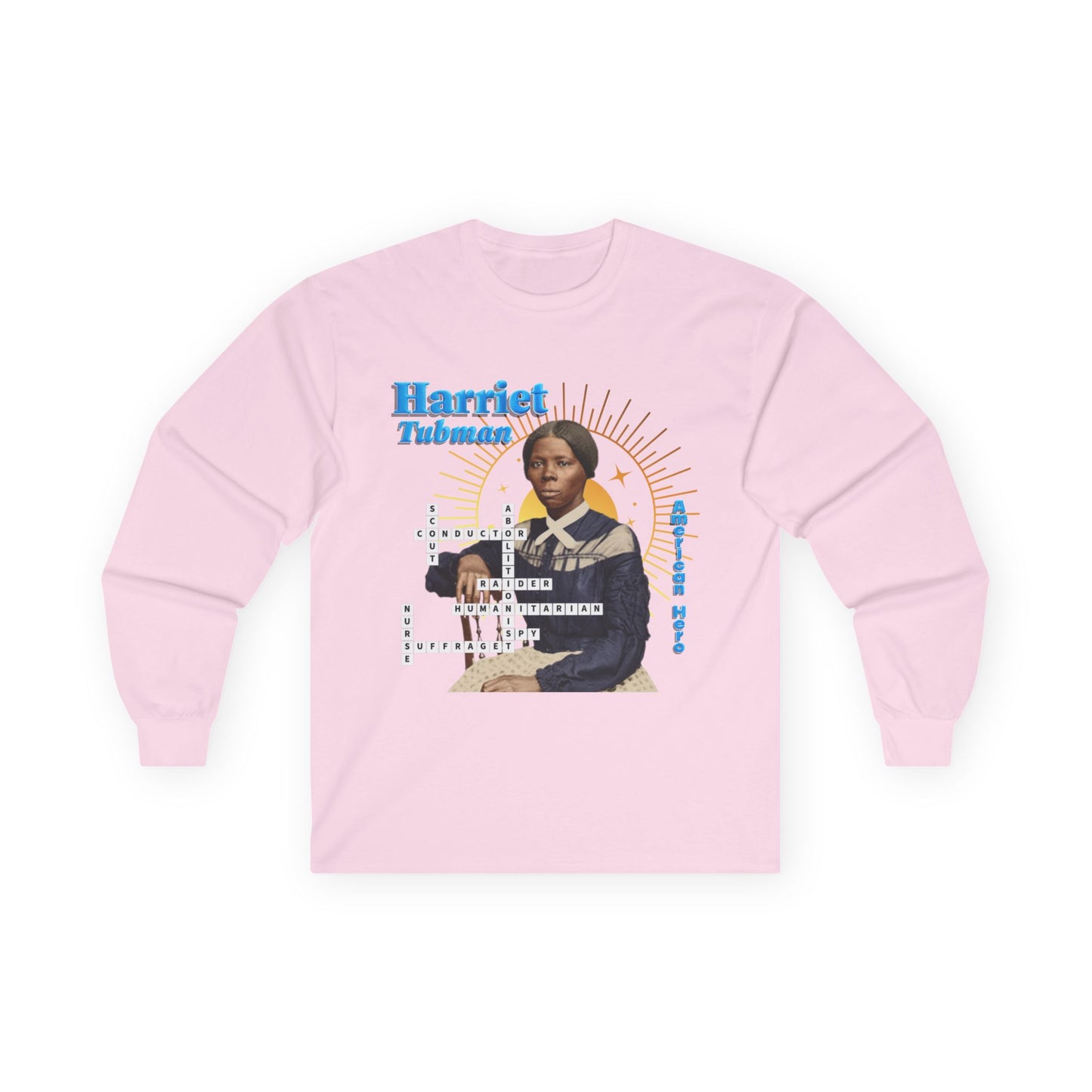 Harriet Tubman Crossword Puzzle Graphic Long Sleeve Tee | Historical Portrait, Muted Tones