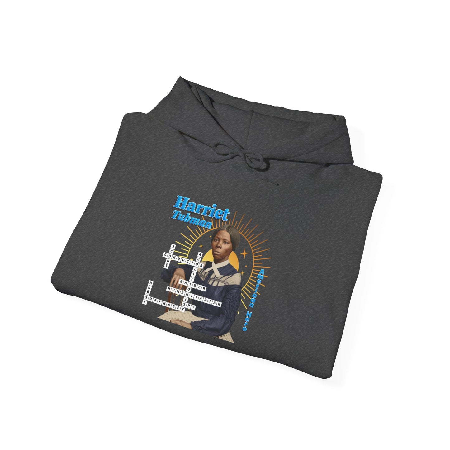 Harriet Tubman Portrait Hoodie — Inspirational Historical Figure Graphic Sweatshirt with blue text