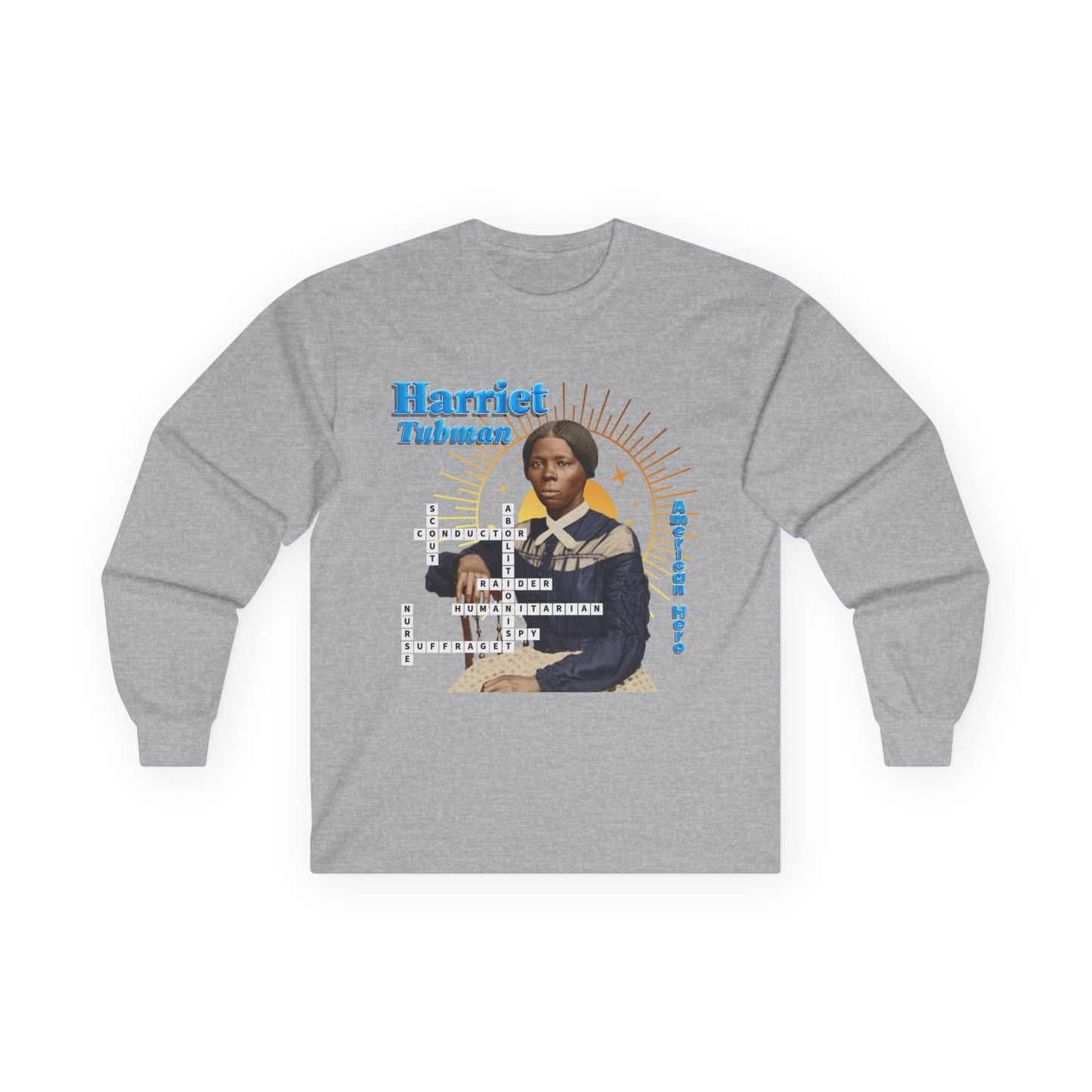 Harriet Tubman Crossword Puzzle Graphic Long Sleeve Tee | Historical Portrait, Muted Tones