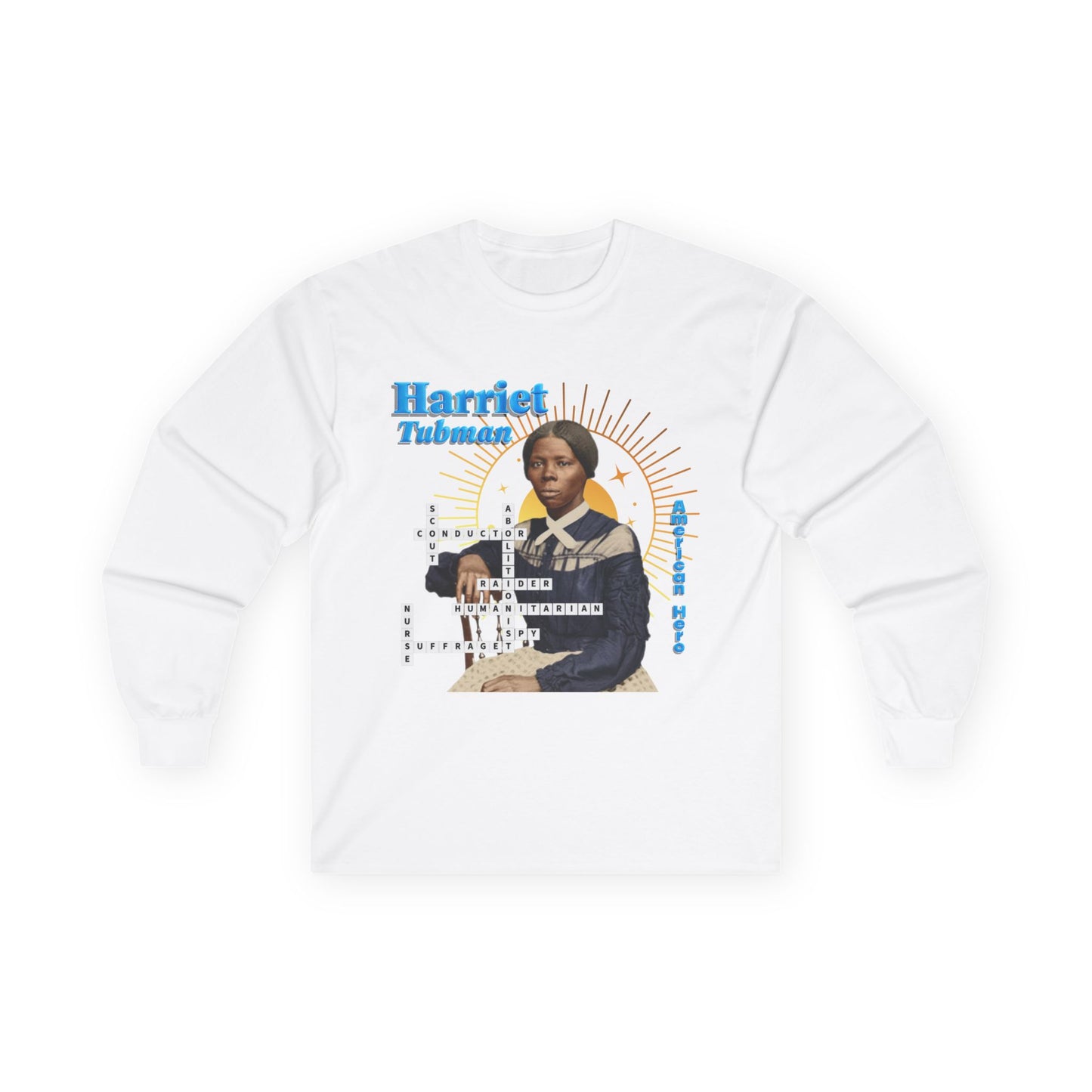 Harriet Tubman Crossword Puzzle Graphic Long Sleeve Tee | Historical Portrait, Muted Tones