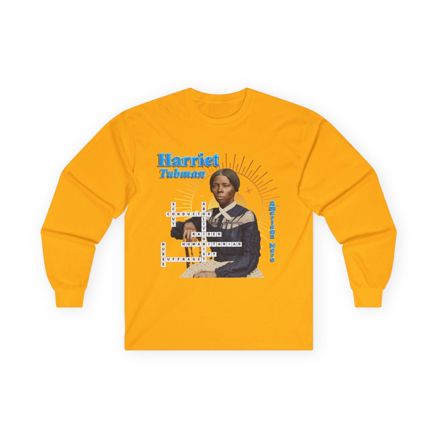 Harriet Tubman Crossword Puzzle Graphic Long Sleeve Tee | Historical Portrait, Muted Tones